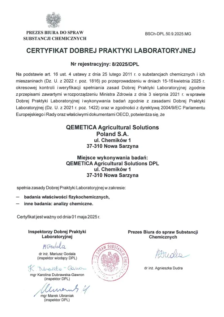 Certyfikat dobrej praktyki laboratoryjnej QEMETICA Agricultural Solutions DPL